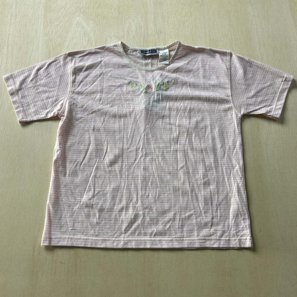 Erika & Co. Shirt Womens Large Pink Striped Crew Neck Embroidered Tee Top